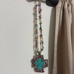 Multicolor Beaded Cross Pendant Necklace